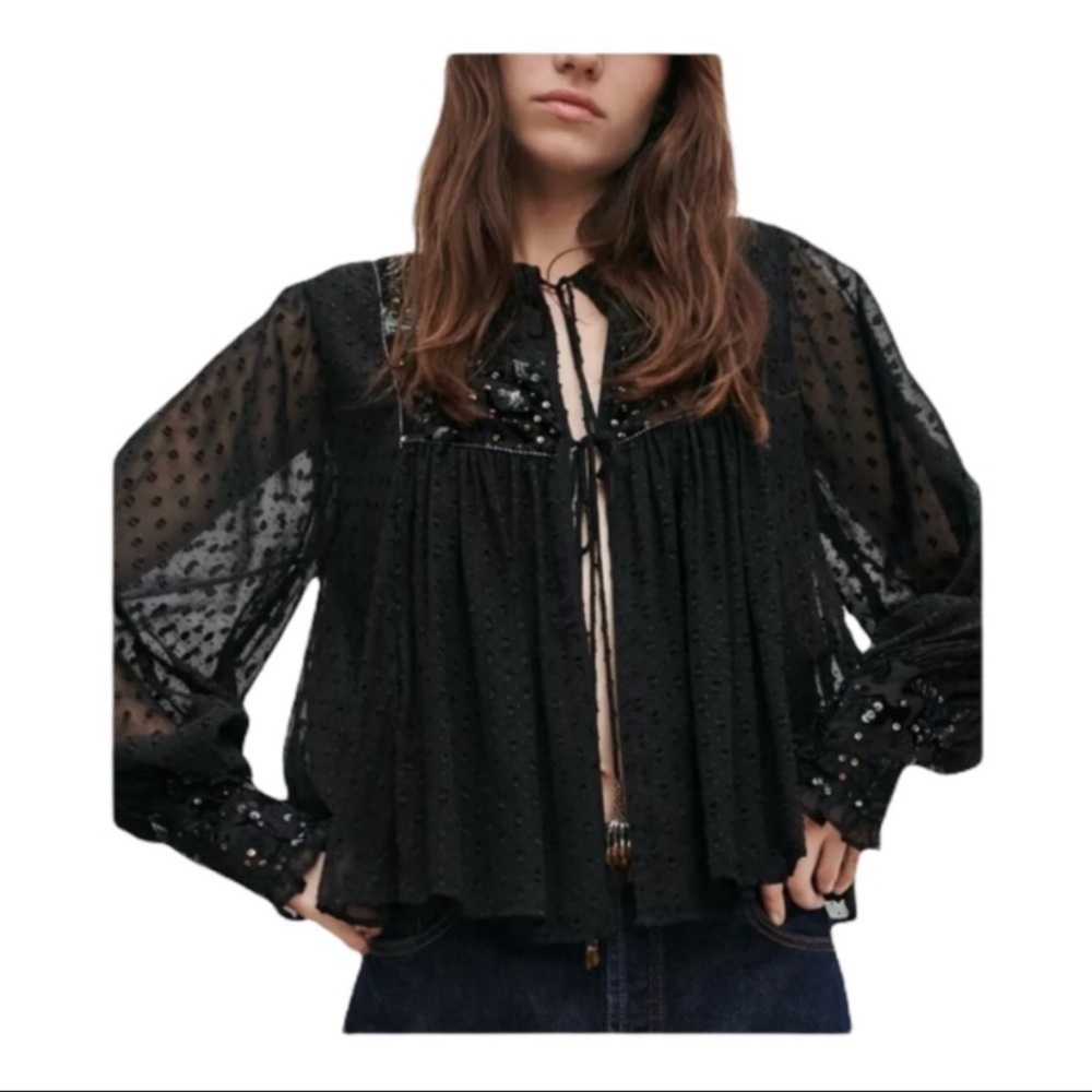 Zara Tasseled Plumetis Dotted Mesh Sequin Jacket